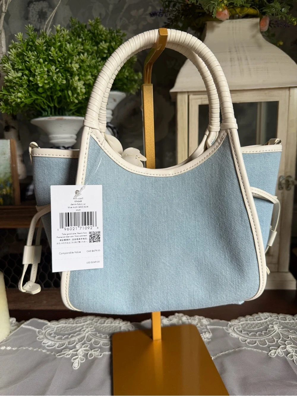 NWT Kate Spade Mini Cryall Leather Flower Blue Denim Fabric Tote Handbag Purse